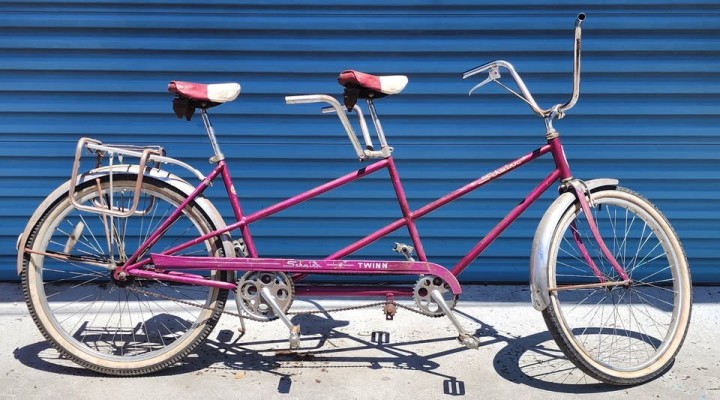 Double the Fun! Rent Our '66 Purple Schwinn Tandem – The Ultimate Galveston Date